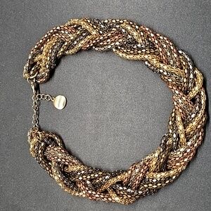 Tri-color Goldn,Bronze,Copper Tone Braided Statement Necklace 17"